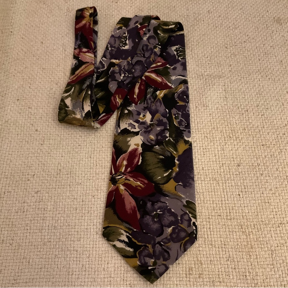Mens Dark Floral Tie 4x56 By Cellini Like New! Olive Black White Burgundy Lilac